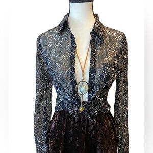 Mexx Sheer Mesh Floral Button-Up Top black, brown & tan Size M EUC whimsigoth